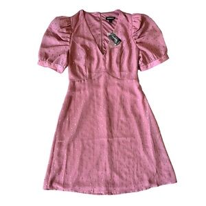Express Metallic Clip Dot Puff Sleeves Fit & Flare Pink Mini Dress Size Small